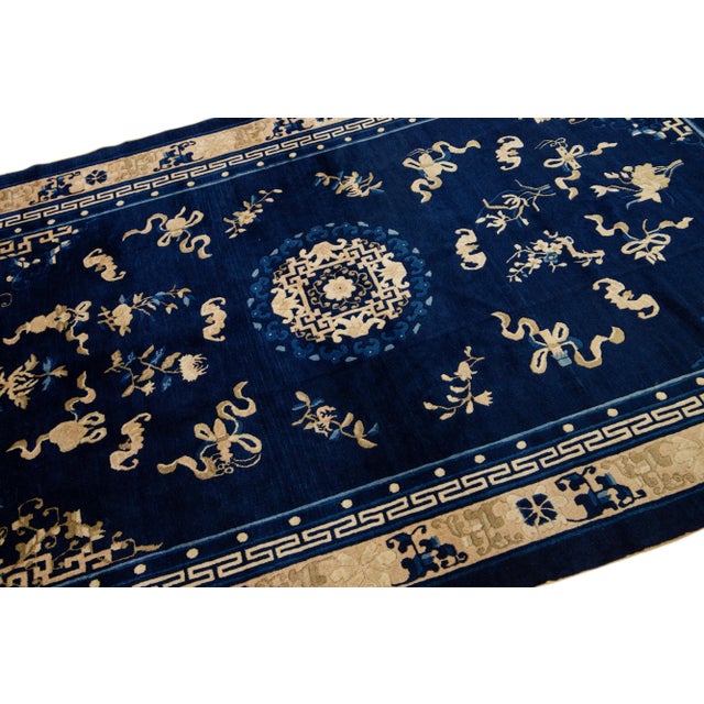 1920s Antique Chinese Peking Wool Rug Handmade Blue With Classic Floral Design For Sale In New York - Image 6 of 7
