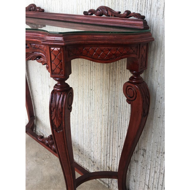 Wood 20th Century Fancy Rococo Style Italian Carved Mahogany and Glass-Top Console For Sale - Image 7 of 13