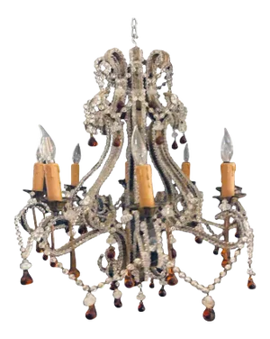 Eight Light Beaded Chandelier With Colored Tear Drop Prisms, Circa 1960