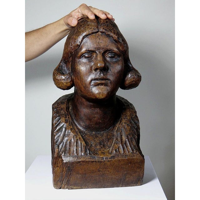 Large Bust of a Woman Carved with a Gouge, 19th Century, Wood For Sale - Image 3 of 17