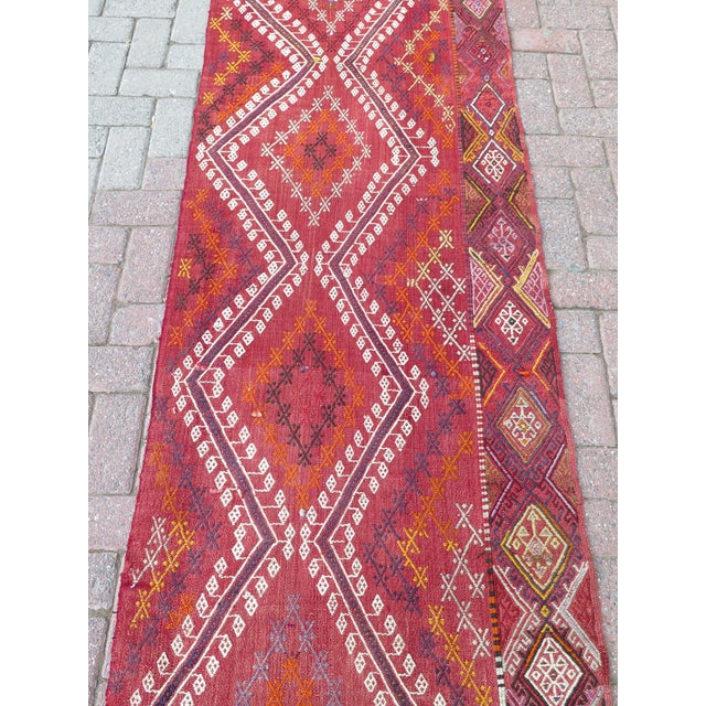 Mid 20th Century Aesthetic Red Boho Rug Runner Turkish Hallway Kilim ...