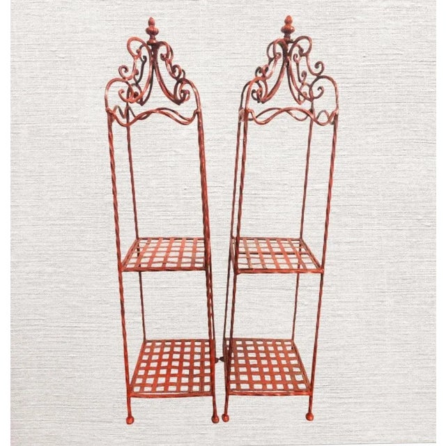 Metal Vintage Tall Red Decorative Iron Pagoda Shaped 2 Shelf Room Decor Small Etagere's- A Pair For Sale - Image 7 of 8