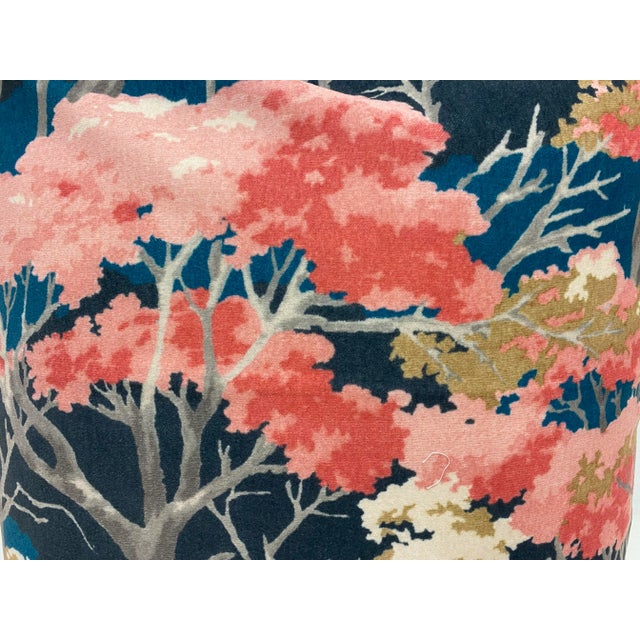 Blue 20" Square Pillow With a Pink Floral and Bird Pattern on a Velour-Like Dark Blue Background - Made in Uk. For Sale - Image 8 of 9