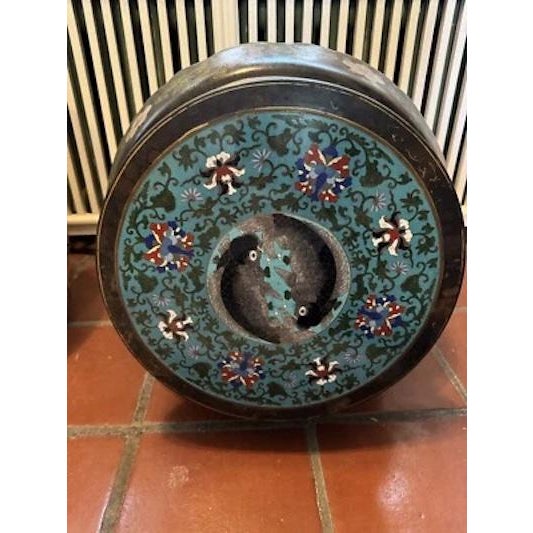 Late 19th Century Antique Chinese Cloisonne Top Round Jardiniere Stand Two Fish Motif For Sale - Image 5 of 12