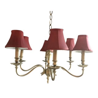 1950s British Colonial Solid Brass Chandelier & Shades For Sale