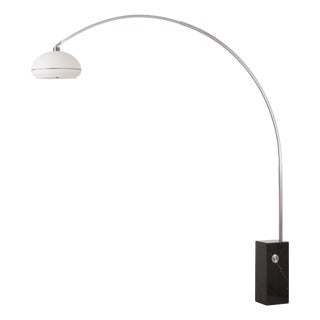 Iconic 95" Arc Lamp, Satin Nickel, Black Marble, Lucite Shade, Mid-Century Modern For Sale