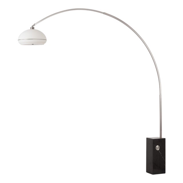 Iconic 95" Arc Lamp, Satin Nickel, Black Marble, Lucite Shade, Mid-Century Modern For Sale