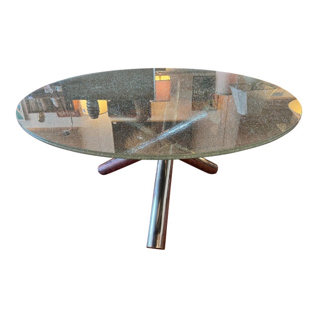 Late 20th Century MCM Milo Baughman-Inspired Chrome Jax Table With 5-Foot Crackled Glass Top For Sale