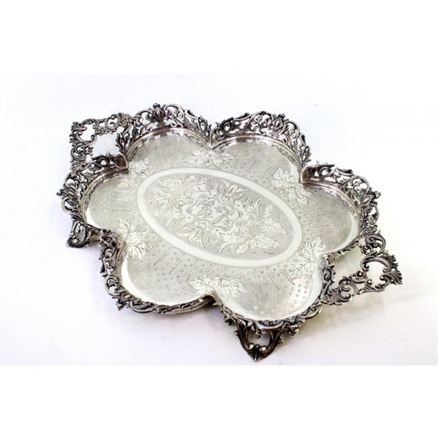 Silver Plated Salver with Guilloche-Style Cut-Out Grid, in Very Good conditions. Designed before 1890 This piece has an...