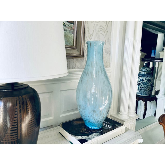 1970s Vintage 1970s–1980s Murano-Style Handblown Art Glass Vase, 21" Tall Blue With Gold Silver Flecks For Sale - Image 5 of 18