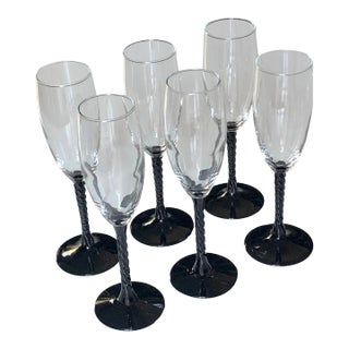 1960s French Cristal d'Arques Angelique Twisted Stem Onyx Flutes- Set of 6 For Sale