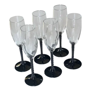 1960s French Cristal d'Arques Angelique Twisted Stem Onyx Flutes- Set of 6