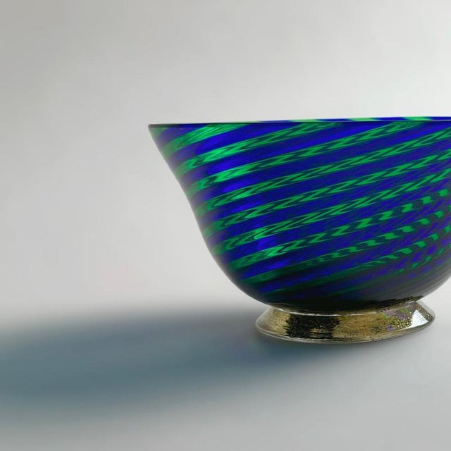 Blue Filigrana Murano Glass Bowl with Green and Blue Stripes, Italy, 1970s For Sale - Image 8 of 10