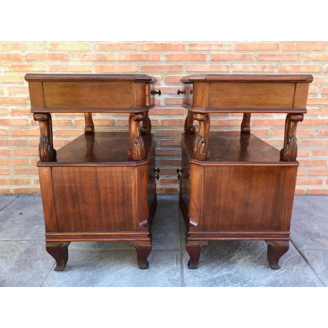 Wood 20th Century Catalan, Spanish Nightstands With Drawers & Low Open Shelf - a Pair For Sale - Image 7 of 11