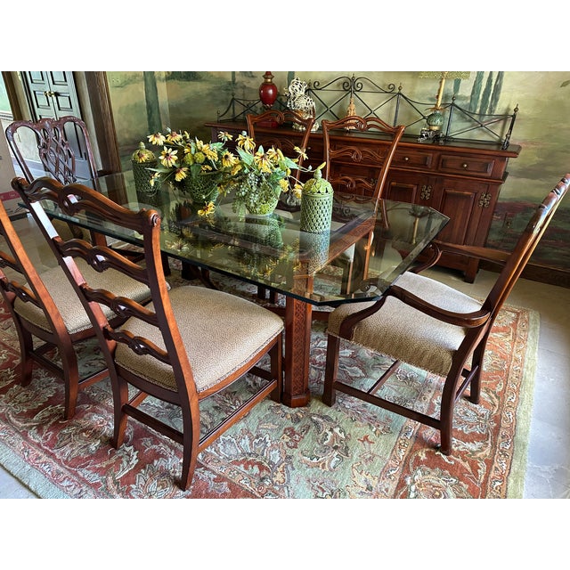 Vintage Century Furniture Chinese Chippendale Style Fretwork Dining Table With Beveled Glass Top. For Sale - Image 6 of 11