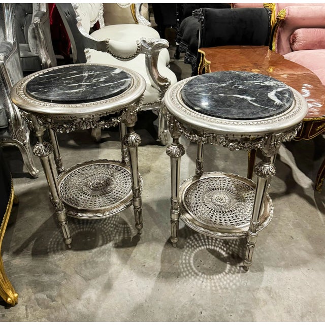 Stone Small Side Table Black Marble Topped French Style Set of 2 For Sale - Image 7 of 9