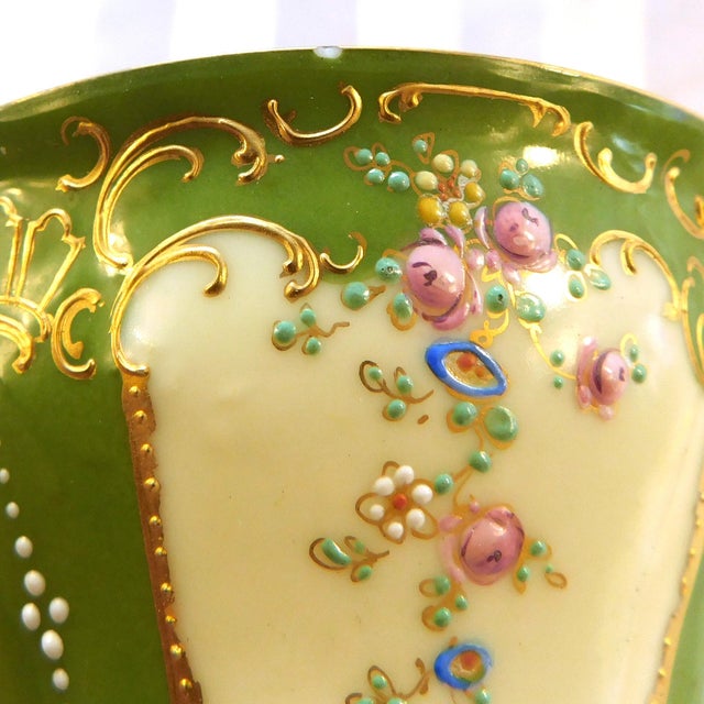 1930s Dresden Covered Two Handle Dessert Cup and Underplate With Raised Gold Trim For Sale - Image 11 of 18
