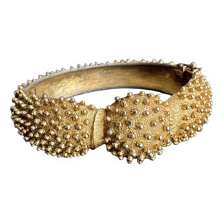 Vintage Monet Hinged Bangle Bracelet Textured Gold Tone Statement For Sale