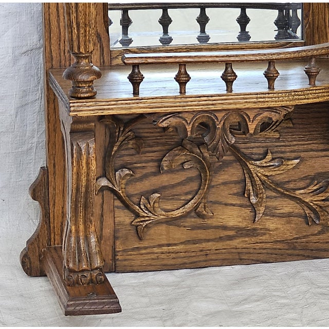 Antique 1890s Tiger Oak Over Mantel With Bowed Glass Cabinet & Beveled Mirrors For Sale - Image 11 of 17