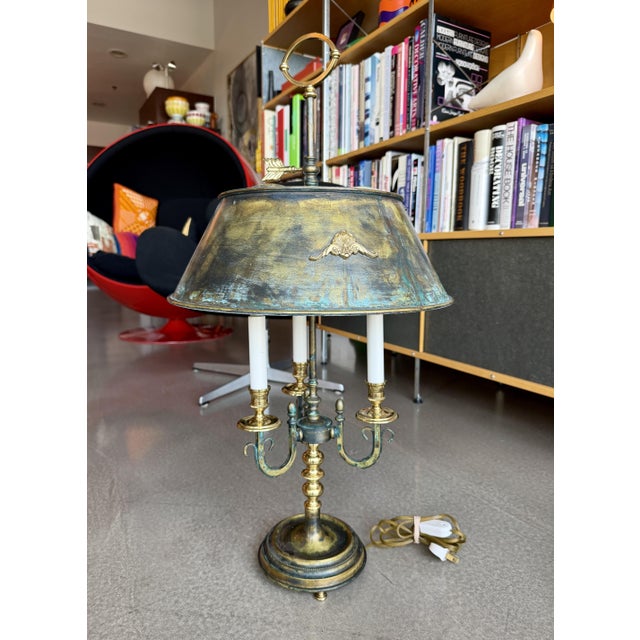 Vintage Brass Verdigris Three-Light Bouillotte Table Lamp Neoclassical Hollywood Regency Style For Sale - Image 10 of 16