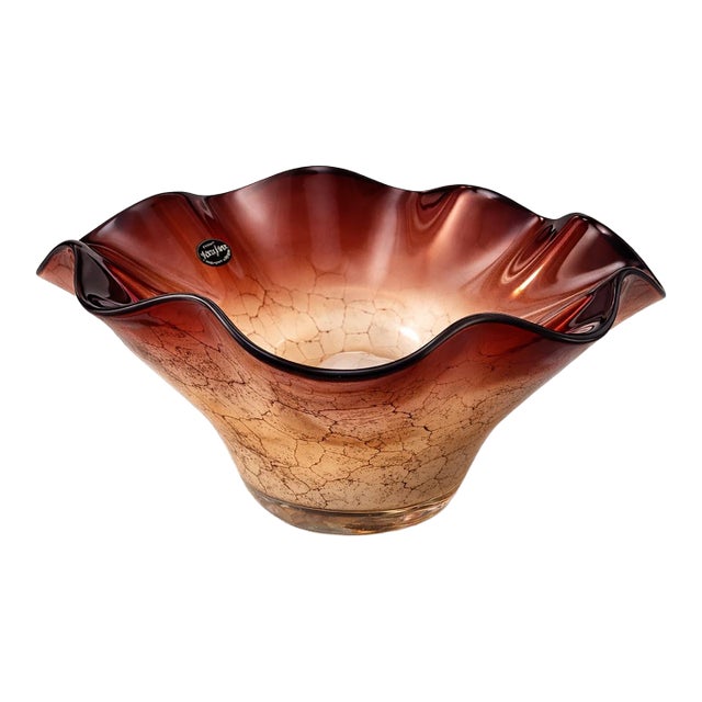 Late 20th Century Jozefina Krosno Sculptural Art Glass Bowl – Hand-Blown Polish Studio Glass in Maroon & Champagne, Organic Modern Object For Sale