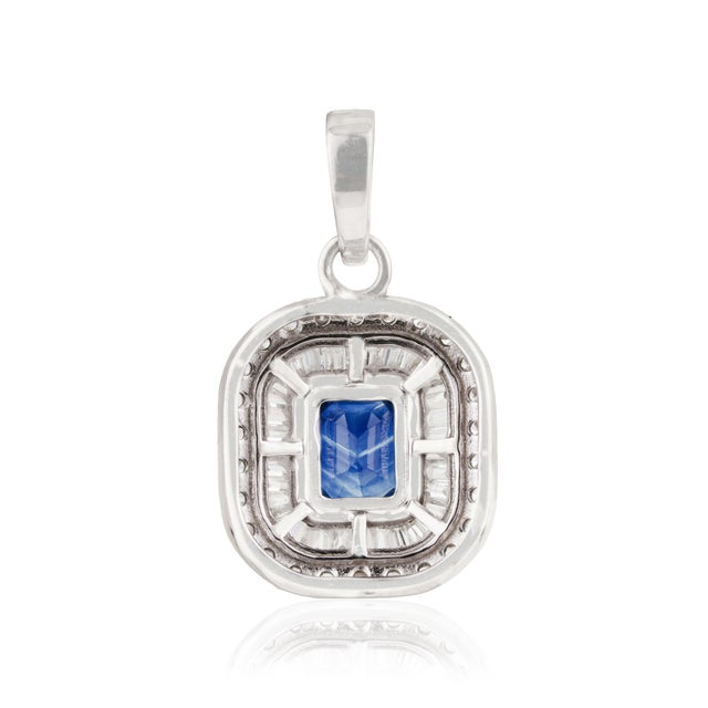 Radiant Emerald-Cut Deep Blue Sapphire & Diamond Halo Pendant in 14k Gold For Sale - Image 9 of 14