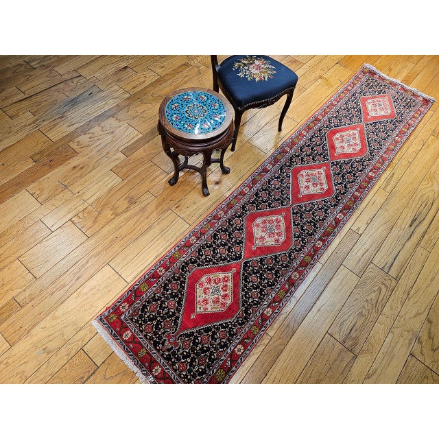 Textile Vintage Persian Bidjar Runner, Hand-Knotted Wool, Geometric Pattern, Navy & Red, 3x10 For Sale - Image 7 of 15