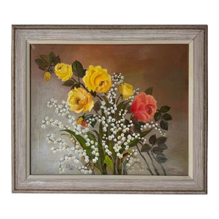 1990's Vintage Elvira Floral Still Life Oil on Canvas Painting – Signed For Sale