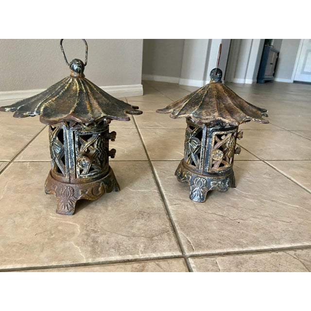 Brown Pair Antique Chinese Iron Pagoda Garden Candle Lanterns For Sale - Image 8 of 13