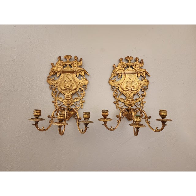 Antique 19th c Pair French Napoleon III Gilt Bronze Louis XVI Style Sconces A finely cast pair of French gilt bronze...