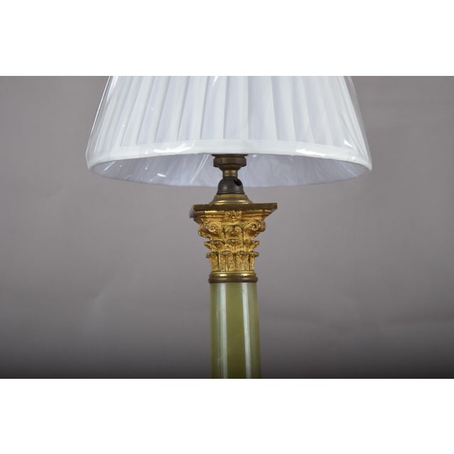 Green Onyx Corinthian Column Table Lamp with Pleated Shade, 1930s For Sale - Image 10 of 17