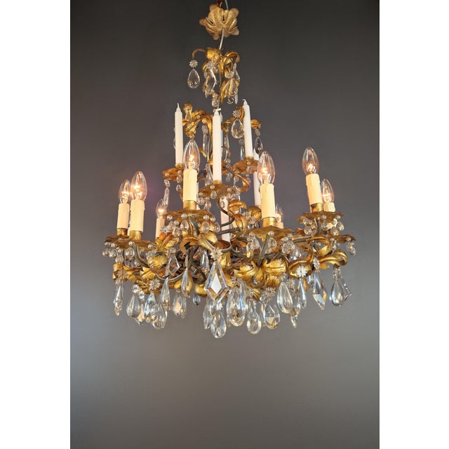 Art Deco 1930s Art Deco Candle Light Traditional Antik Wrought Iron Crystal Ceiling Chandelier For Sale - Image 3 of 10