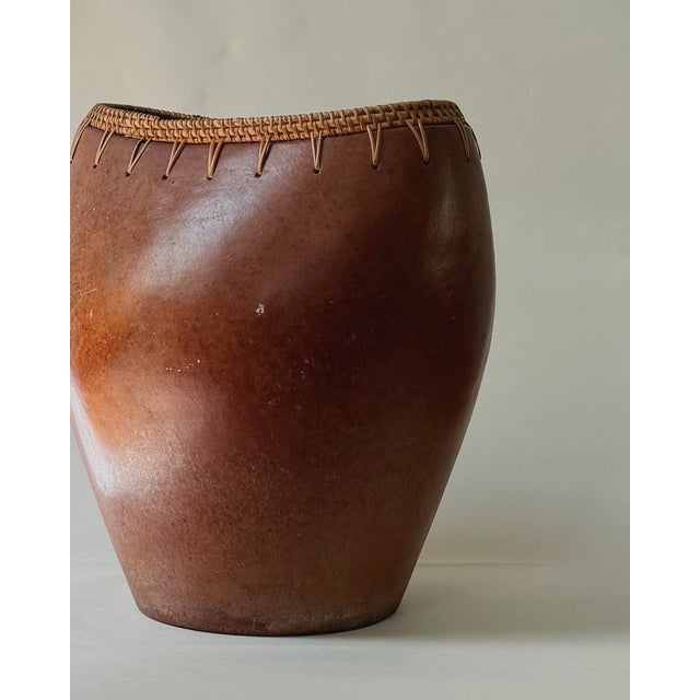 Pair of Vintage Indonesian Ceramic Vessels With Hand-Woven Rattan Rim For Sale - Image 14 of 18