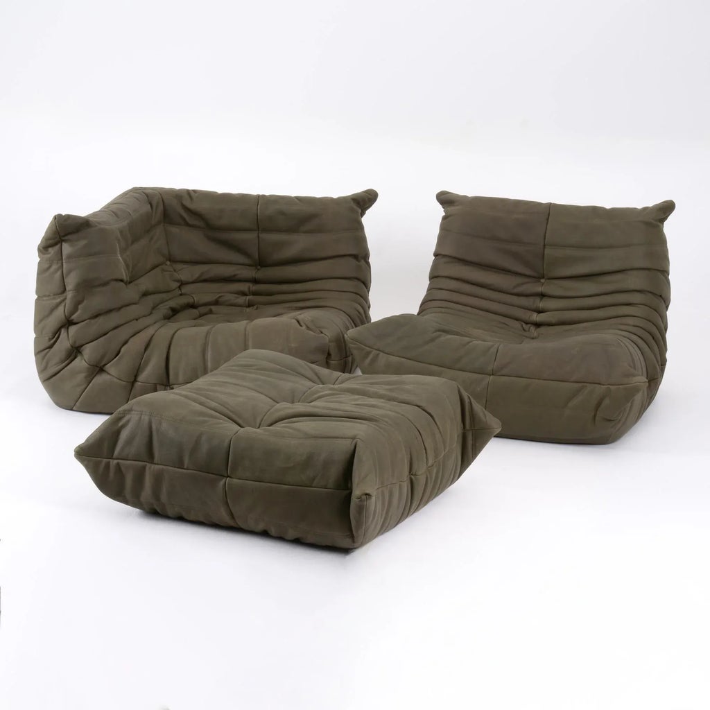 Rare Ligne Roset Togo 3-Piece Lounge in Stone Olive Leather | Chairish