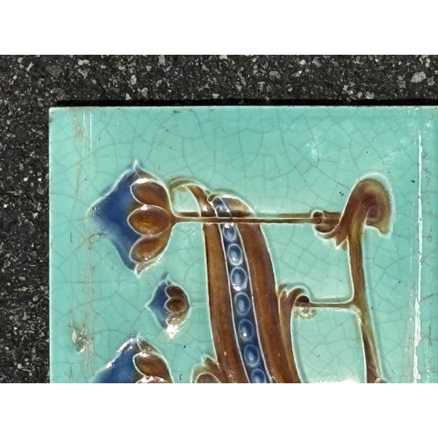 Early 20th Century Early 20th C. English - Market Turquoise / Old Gold Ceramic Tile For Sale - Image 5 of 7