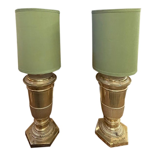Mid Century Brass Urn Lamps With Green Shades For Sale
