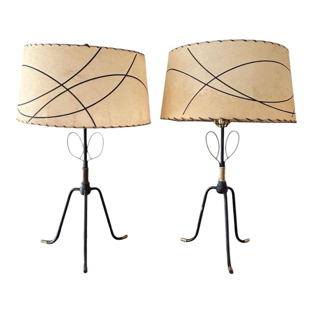 Mid Century Modern Metal Table Lamps With Original Shades Sculptural Iron Base - A Pair For Sale