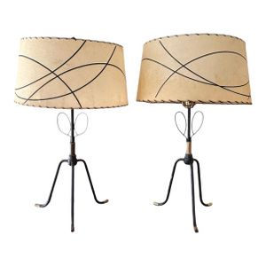 Mid Century Modern Metal Table Lamps With Original Shades Sculptural Iron Base - A Pair