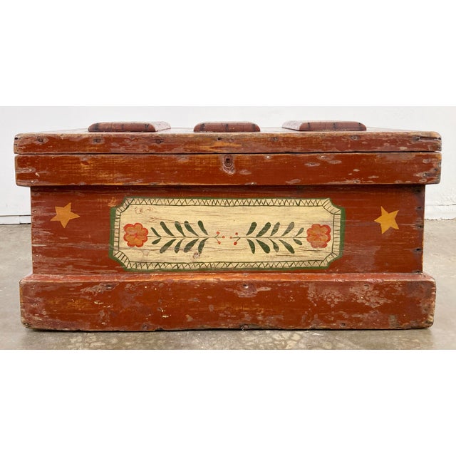 Antique hand-painted Swedish style tool chest storage trunk featuring traditional folk art floral design with detailed...