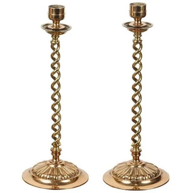 Antique 19th C. Pair of Victorian Brass Over Scale Barley Twist Candlesticks For Sale - Image 11 of 11
