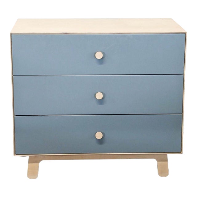 Ouef Merlin Three-Drawer Dresser in Blue and Natural Wood Finish For Sale