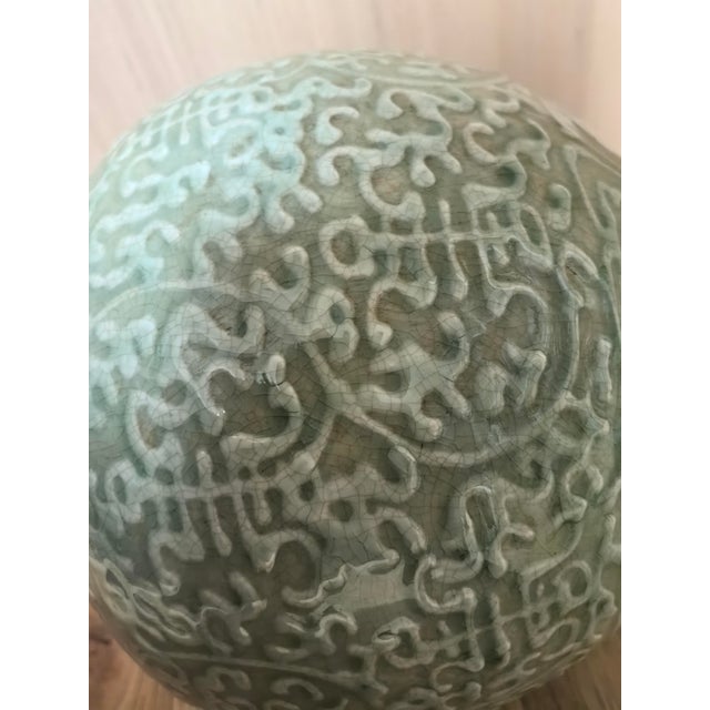 Chinese Ceramic Pot Longquan Ware Celadon Lid Jar Hand Carved Flowers Pattern For Sale - Image 4 of 11