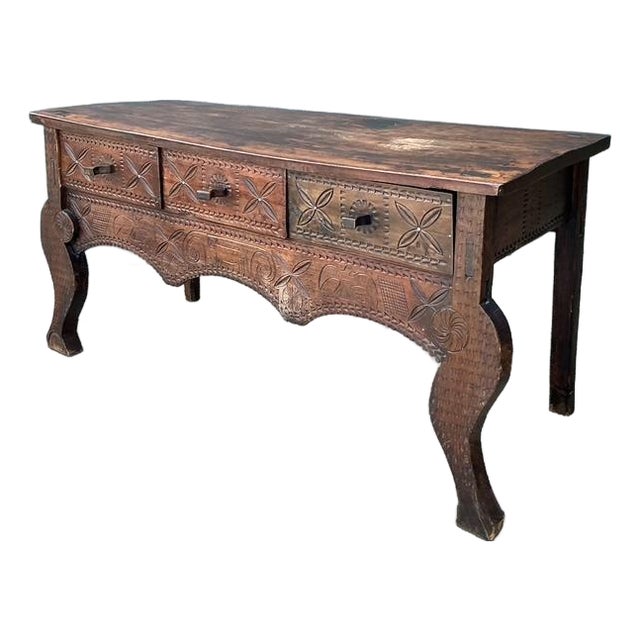 Vintage Primitive Hand Carved Console Table For Sale