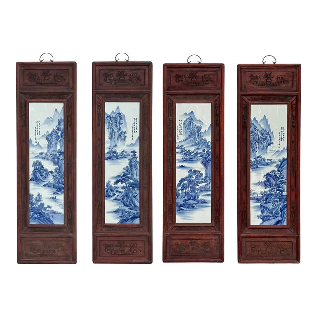 Set 4 Chinese Blue White Landscape Porcelain Painting Wall Panels For Sale