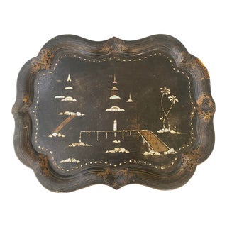 19th Century Large Scalloped Shaped Paper Mache Tray With Inlaid Mother of Pearl and Gilt Painting For Sale