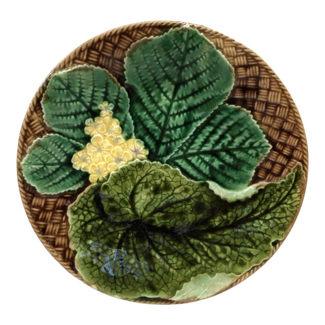 C.1890 French Majolica Leaves & Yellow Flowers Plate Clairefontaine For Sale