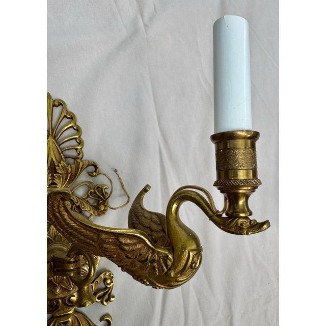 1940s Vintage Pair of Brass Empire Revival Double Swan Electric Light Wall Sconces For Sale - Image 5 of 9