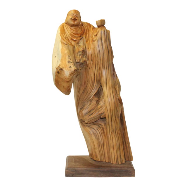 Chinese Cypress Wood Carved Irregular Shape Happy Buddha Statue For Sale