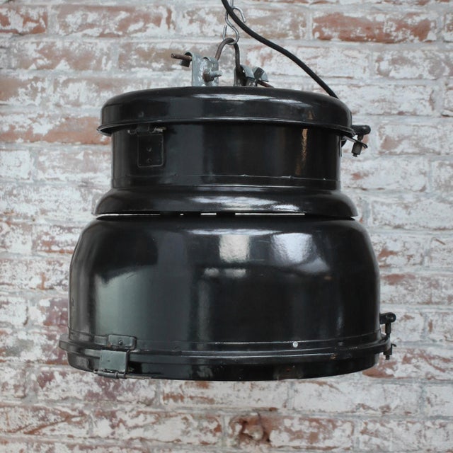 Vintage Industrial Black Enamel and Clear Glass Pendant Lamp For Sale - Image 5 of 6