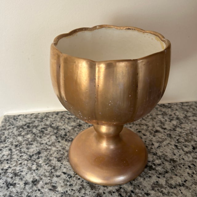 Ceramic Early 20th Century Gold Ceramic Porcelain Glazed Lotus Chalice Vase/Planter Signed For Sale - Image 7 of 12